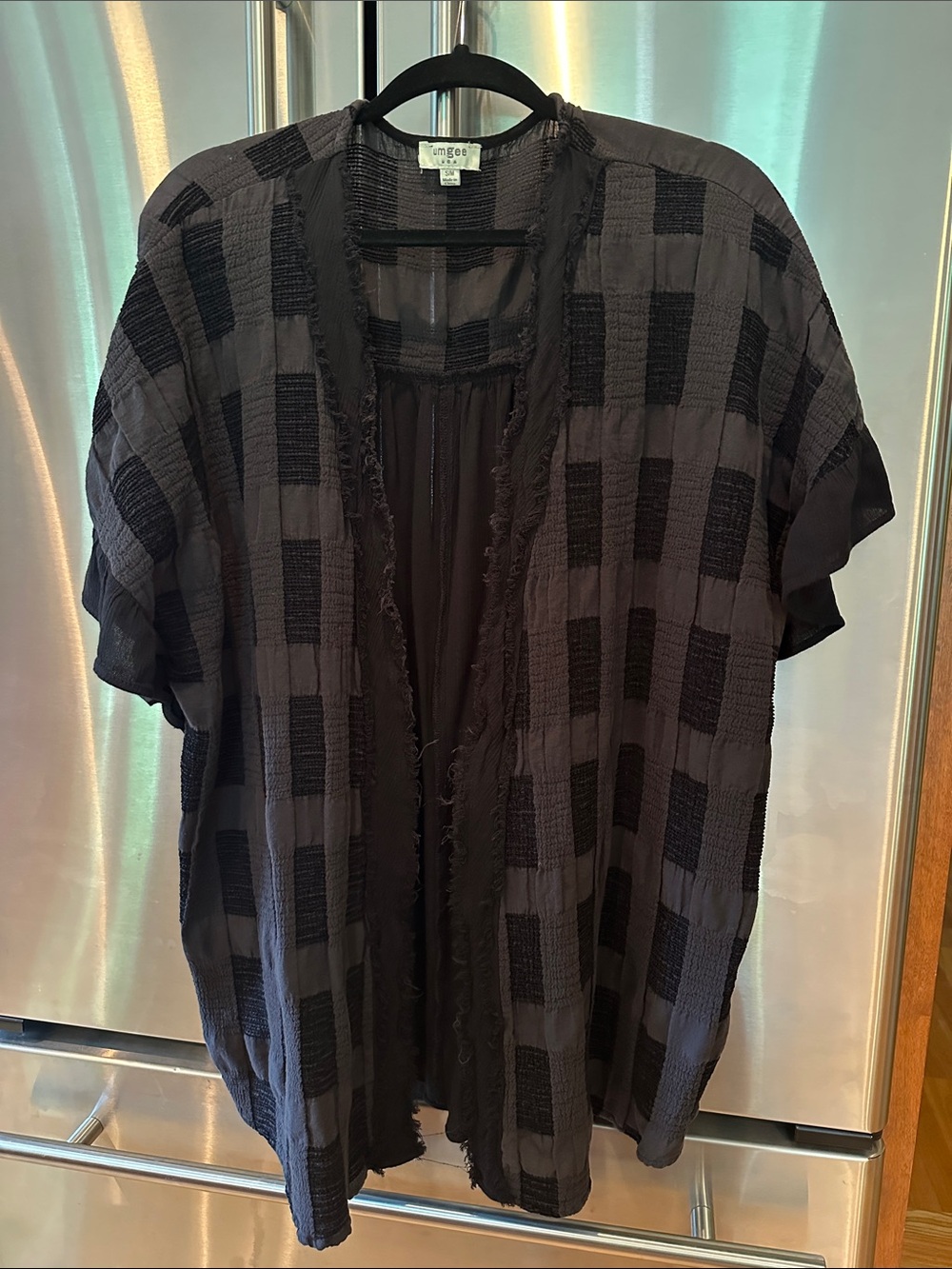 umgee USA Black Open-Front Short Sleeve Kimono with Check Texture